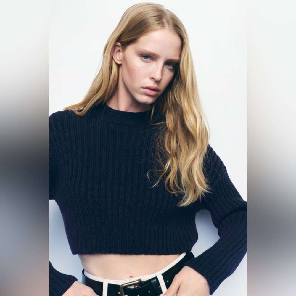 Zara Navy Blue Cropped Cotton Sweater Size S | 100% Cotton Knit Effortless Edgy